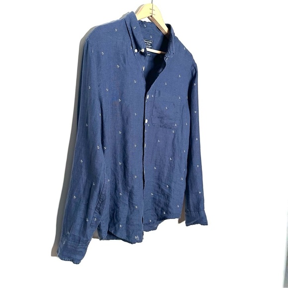 Abercrombie | Navy Blue Embroidered Anchors Linen Button Down Shirt Size S - Picture 2 of 8